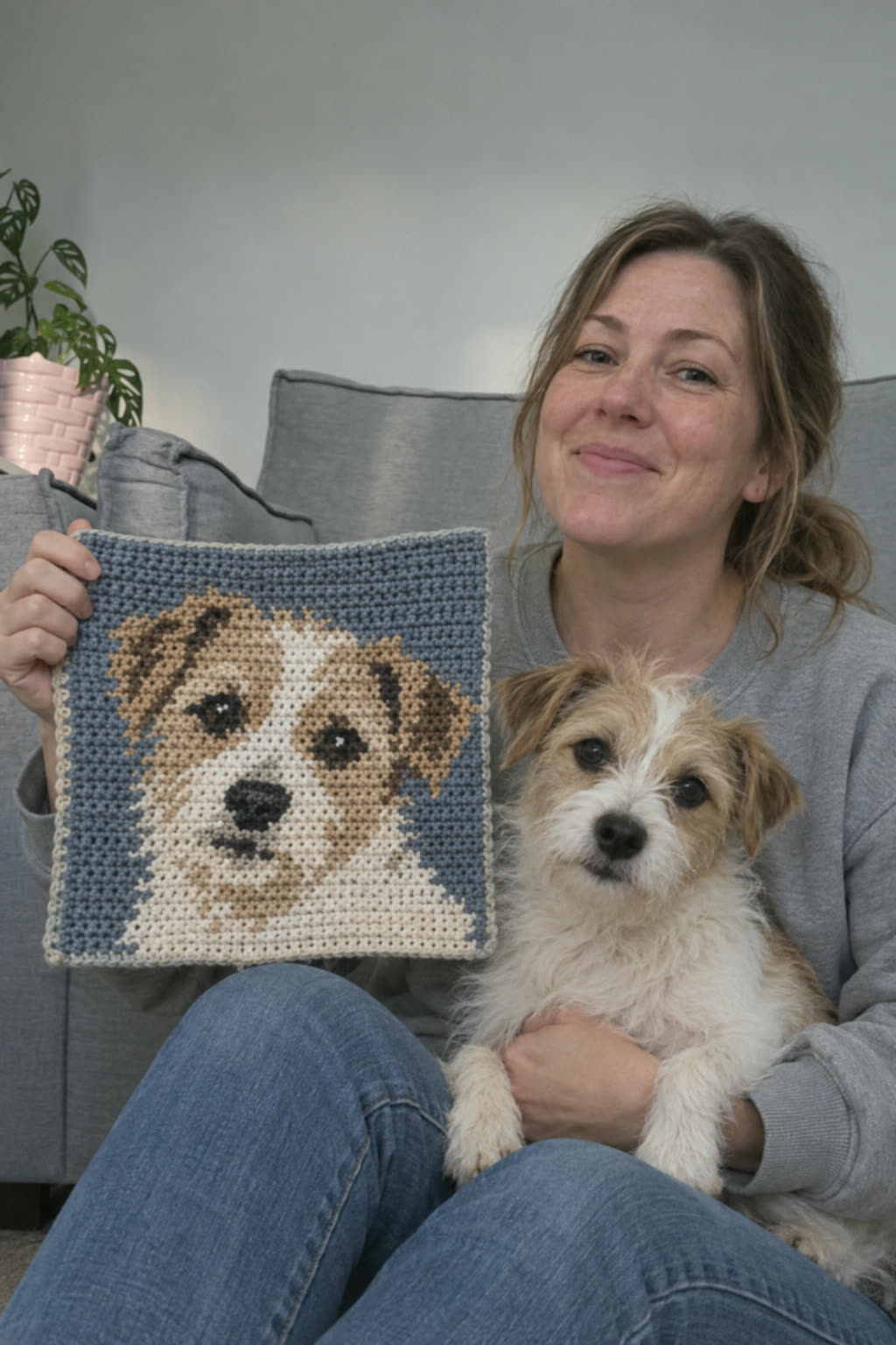 Mulher segurando o retrato em crochê do cachorro dela, com o cachorro no colo