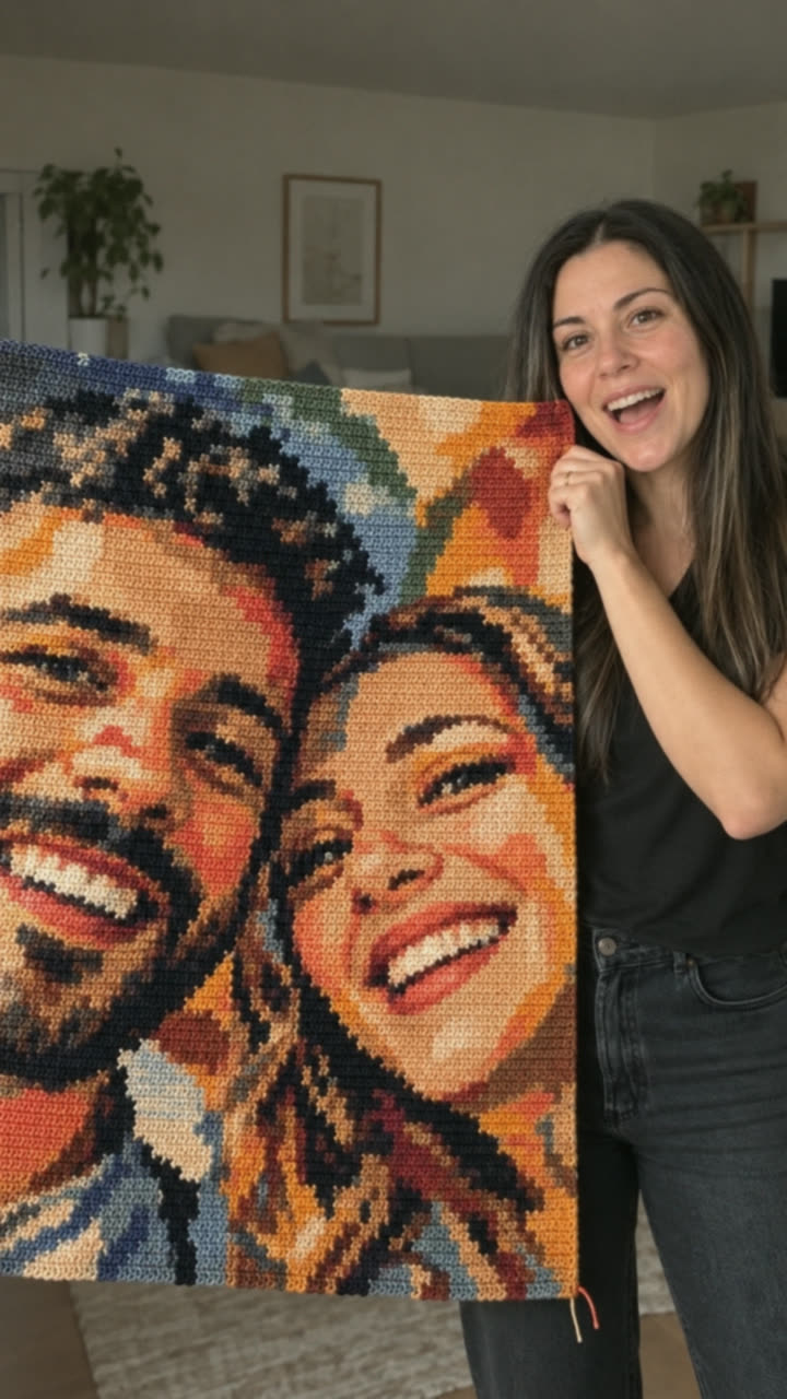 A professora segurando uma peça grande de foto em crochê